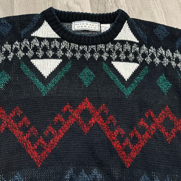 Vintage 80s 90s Grandpa Crew Sweater Geometric Stripped Size Large - Picture 3 of 6